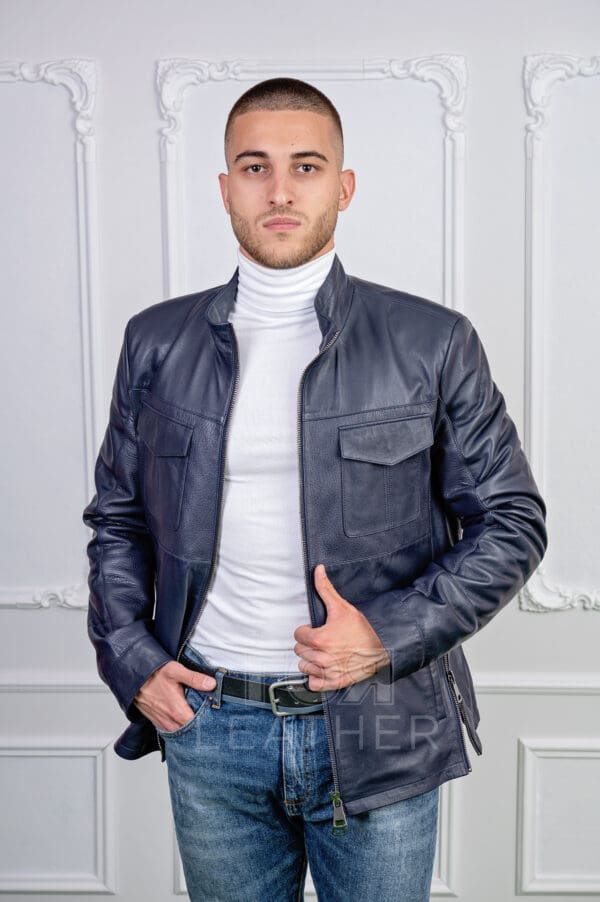Мъжко синьо яке от ГОЯ Leather. 100% естествена кожа. Нов модел мъжко яке.