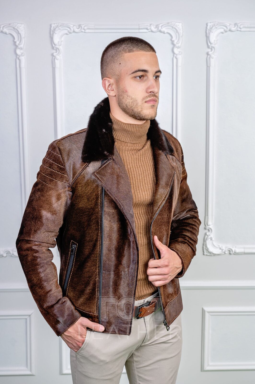 Луксозно мъжко яке от пони от ГОЯ Leather. 100% естествена кожа. Топ модел. Нов модел мъжко кожено яке с косъм.