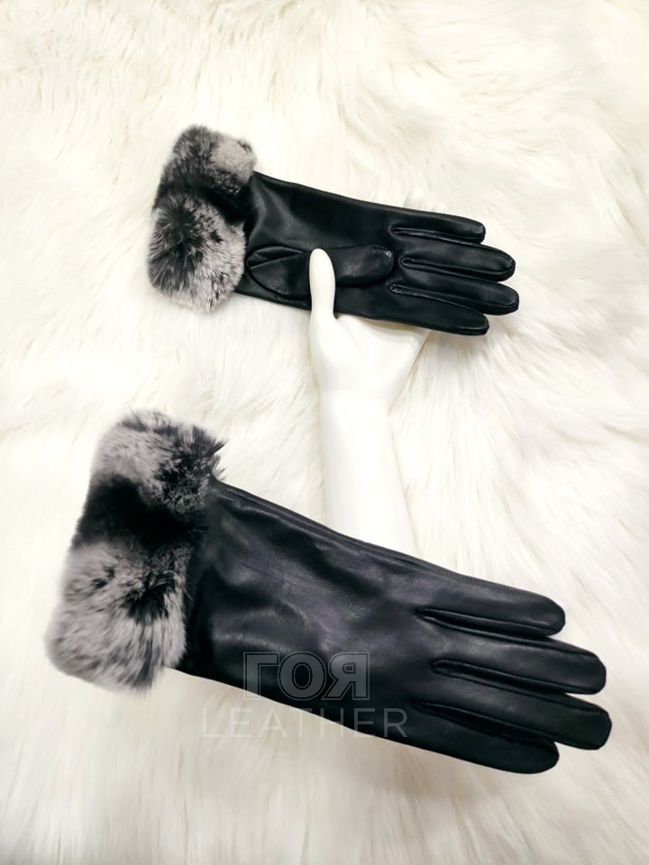 Дамски кожени ръкавици с рекс R-17. Дамски кожени ръкавици с гарнитура от рекс-чинчила.